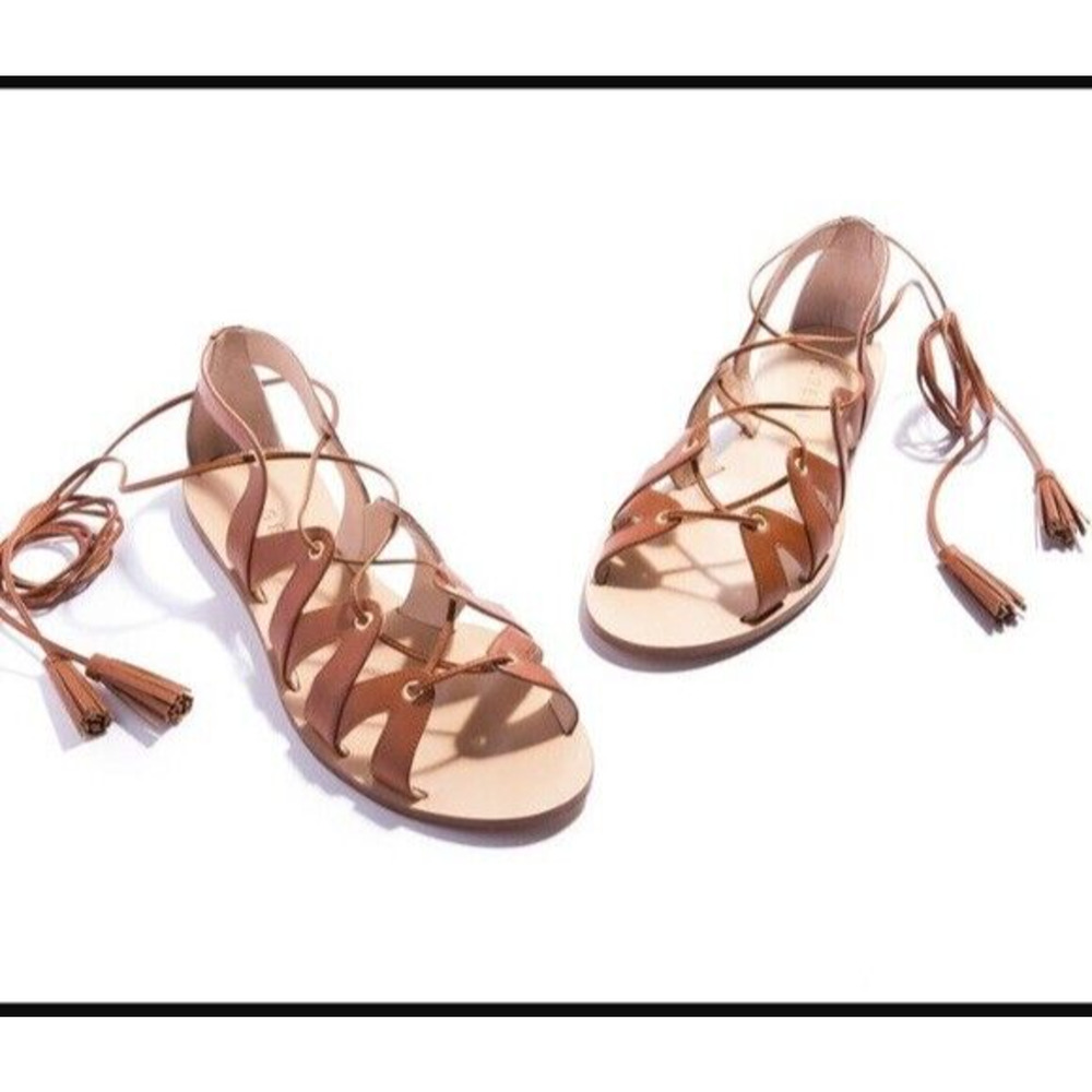 M Gemi Filo Gladiator Sandal Brown Leather Wrap Around Tassel Lace Up Op…